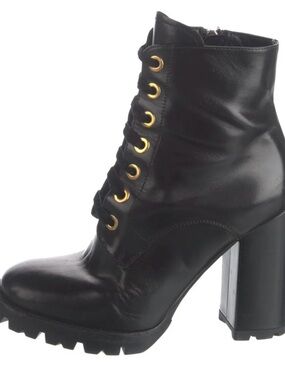 Prada Black Leather Lace-Up Lug Heel Ankle Boots with Gold Eyelets